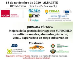 13 de noviembre de 2020. Jornada Técnica: Mejora de la gestión del riego con SUPROMED en cultivos anuales, almendro, pistacho, viña, etc.